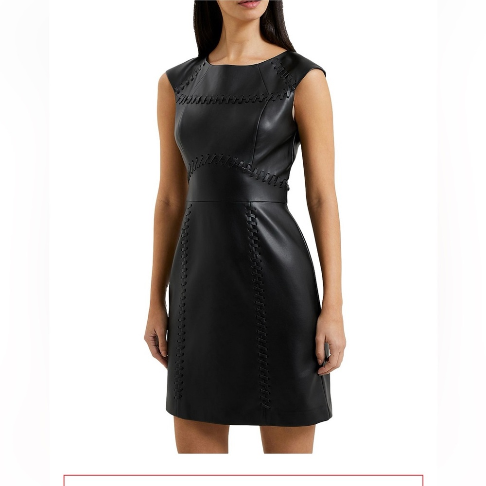 Excellent gently used French Connection Faux Leather Black Cap Sleeve Dress